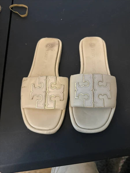 Tory Burch DOUBLE T SPORT Slides Sandals-Nappa Leather-Meadow Mist-Sz 6.5