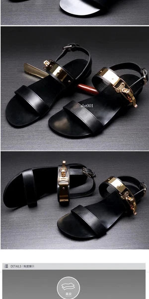 Open Toe Sandals Slingback Metal Trim Casual Real Leather Mens Shoes Roman Style