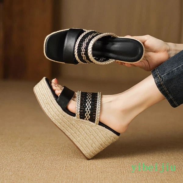 Women's Slipper Hemp Straw Weaving Platform Wedge Heel Mules Slides Sandals Lady