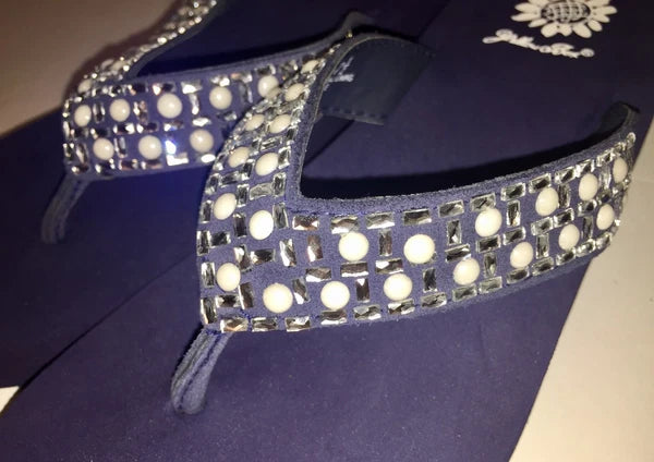 Yellow Box Flip Flops Sandals Women's Touch Wedge Pearl Jeweled Blue Black NWT