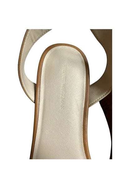 Stuart Weitzman Avenue 65 Platform Wedge Sandal Almond Tan Leather Cork Sz 8.5