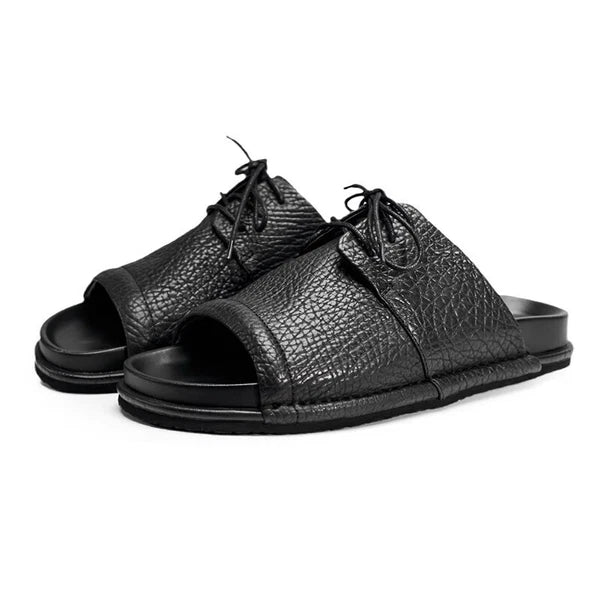 Men's Real Leather Slippers Open Toe Sandals Slides Lace Up Flat Comfort Casual