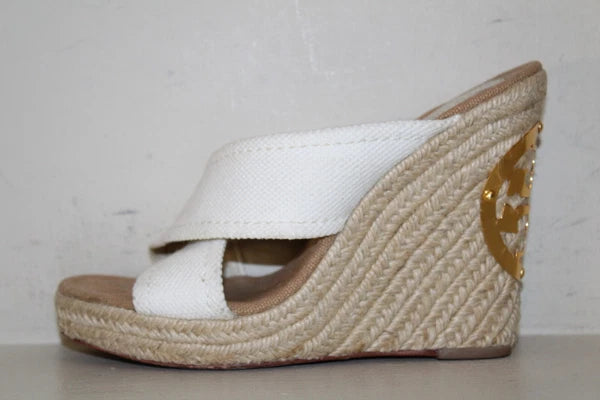 Tory Burch Wedge Kristen Sandal Wedge Heel Sz 8 M Gold Signature Logo White