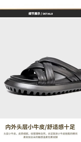 Roman Style Mens Open Toe Real Leather Cowhide Sandals Slippers Shoes Summer New