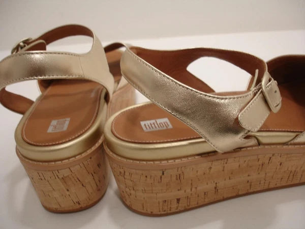 Womens 11 M FitFlop Eloise Platino Metallic Gold Cork-Wrap Leather Wedge Sandals