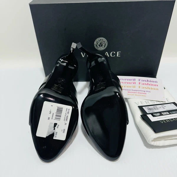 Versace Virtus Leather Open Toe Mule Heel Sandal Black Gold Size 38/8 NIB $900