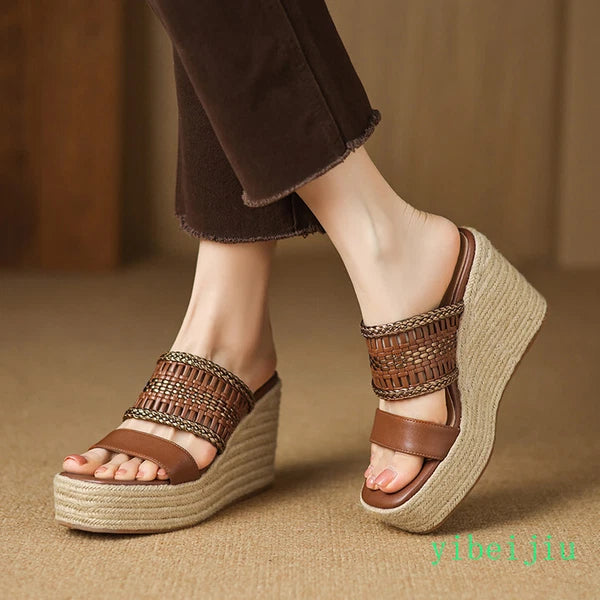 Women's Slipper Hemp Straw Weaving Platform Wedge Heel Mules Slides Sandals Lady