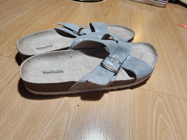 Sonoma Silver Suede Buckle Slide Footbed Sandals Size 9.5 Style Tarragon