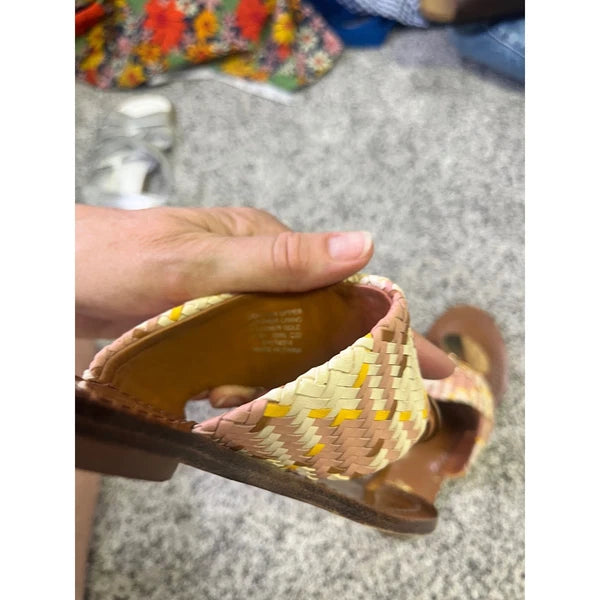 Tory Burch Woven Braided Leather Thong Sandals Gold Medallion Slides Boho Resort