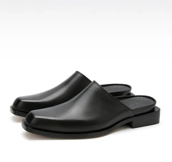 Men's Square Toe Genuine Leather Slippers Fashion Casual Mules Slides Shoes