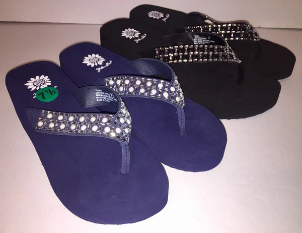 Yellow Box Flip Flops Sandals Women's Touch Wedge Pearl Jeweled Blue Black NWT
