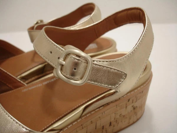 Womens 11 M FitFlop Eloise Platino Metallic Gold Cork-Wrap Leather Wedge Sandals