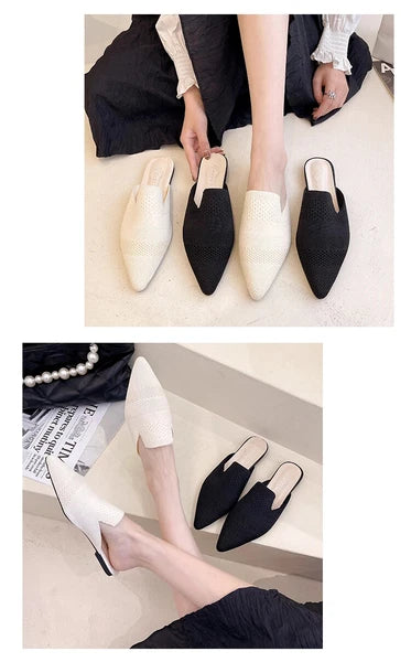 Summer Women Knitted Slides New Elegant Mesh Breathable Med Heel Slippers Slides