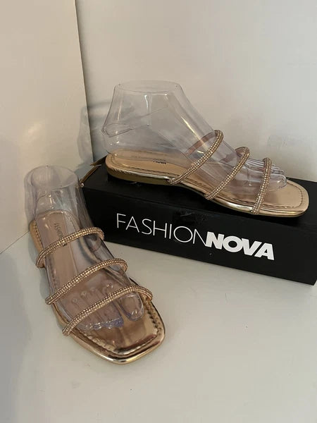 Fashion Nova Flip Flop, Women’s Flat Sandals Size 7, Rose Gold Rhinestones NEW