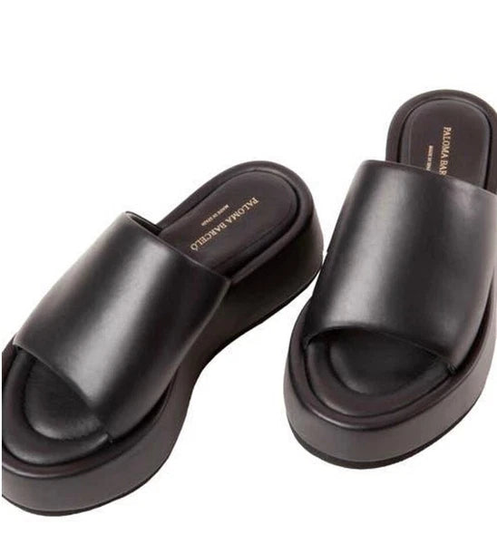 PALOMA BARCELO NIB $370 KORNELIA BLACK LEATHER PLATFORM SLIDE SANDAL. EU38/US8