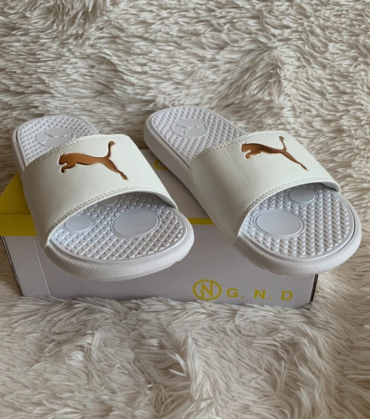 Women’s Slides Size 8 PUMA Cool Cat Sport Style: 371016 17 White Glow/Gold Rose