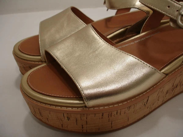 Womens 11 M FitFlop Eloise Platino Metallic Gold Cork-Wrap Leather Wedge Sandals