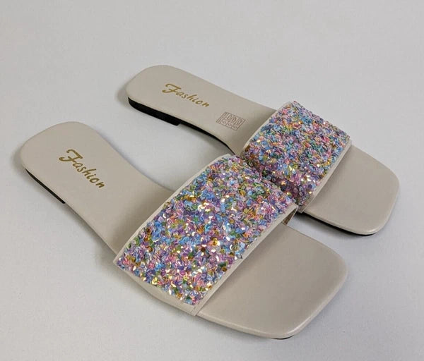 Womens 9.5 Iridescent Bling Rainbow Glitter Sequin Slip On Sandal Slides