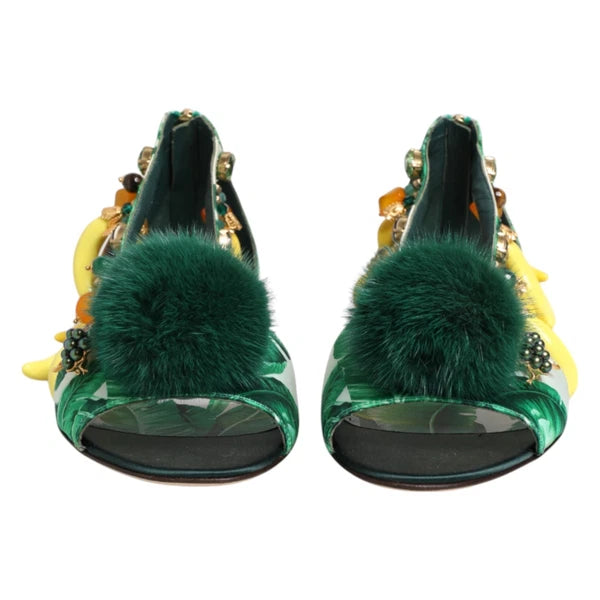 DOLCE & GABBANA Shoes Green Mink Fur Satin Banana Leaf Sandals EU36.5/US6 $1500