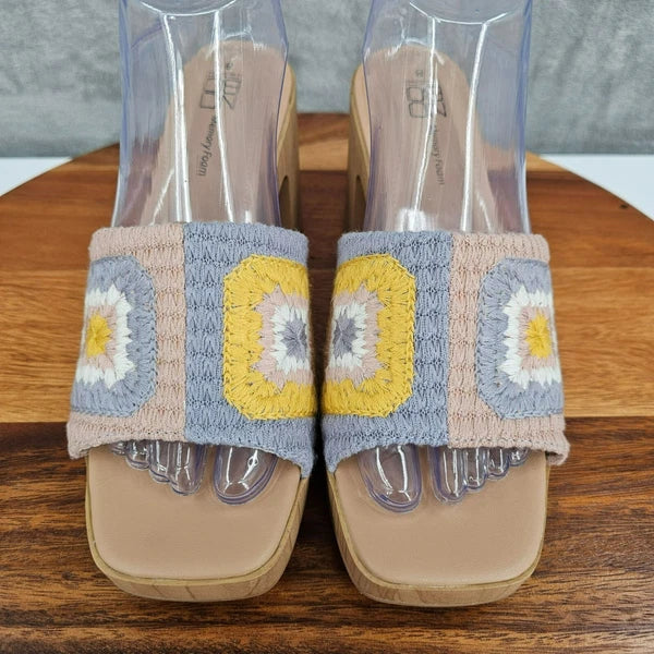 No Boundaries NOBO Crochet Mid Heel Sandals 8 Cottagecore Slide Colorful Square