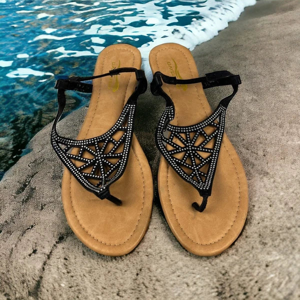 Sandals Women’s Size 18 Black Beaded Straps Summer Flats  New