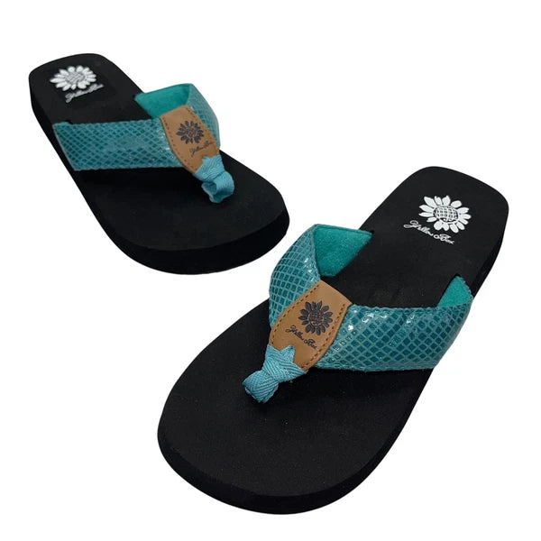 Yellow Box Flip Flops Teal Shiny Snakeskin Embossed Shimmer Wedge Sandal Faya