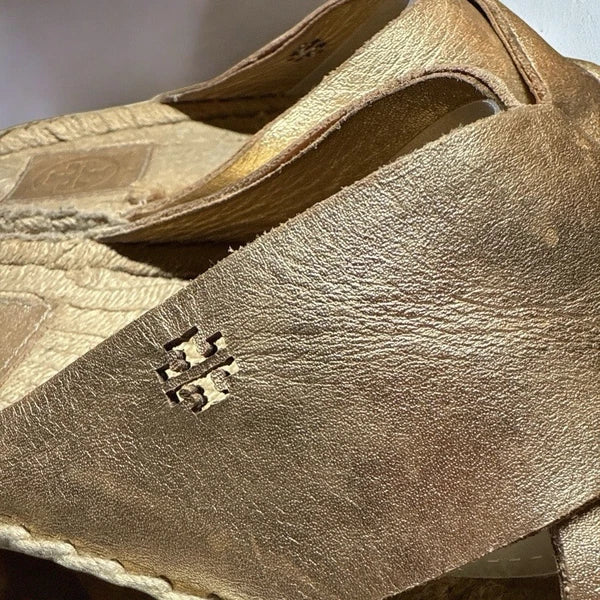 Tory Burch Sz 6.5 Bima Gold Metallic Leather Espadrille Sandals Slides Flats