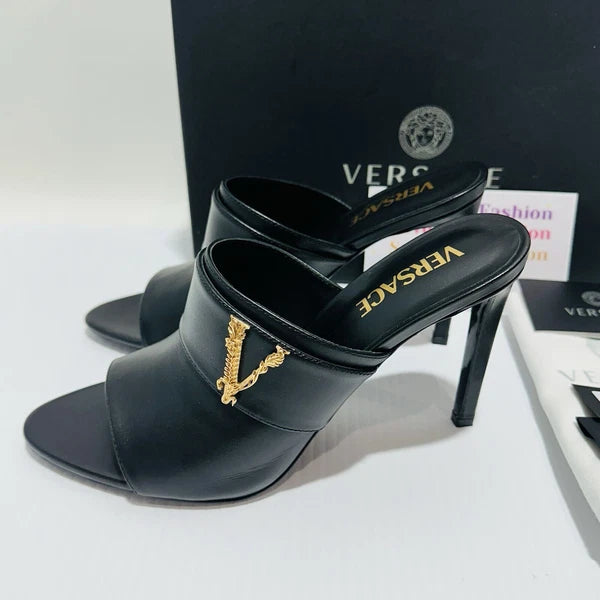 Versace Virtus Leather Open Toe Mule Heel Sandal Black Gold Size 38/8 NIB $900