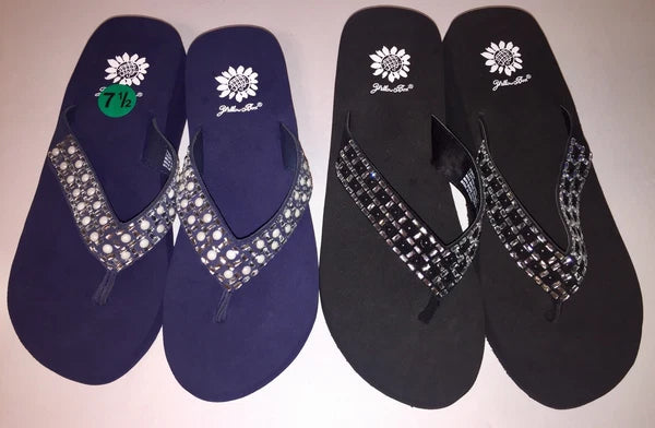 Yellow Box Flip Flops Sandals Women's Touch Wedge Pearl Jeweled Blue Black NWT