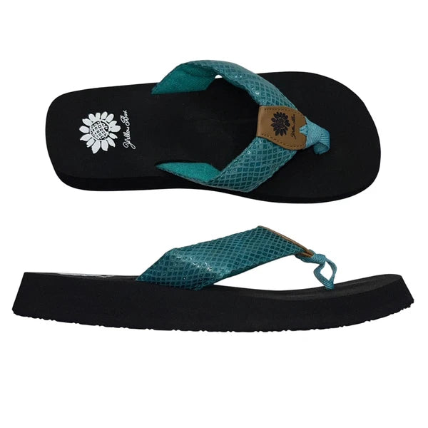 Yellow Box Flip Flops Teal Shiny Snakeskin Embossed Shimmer Wedge Sandal Faya