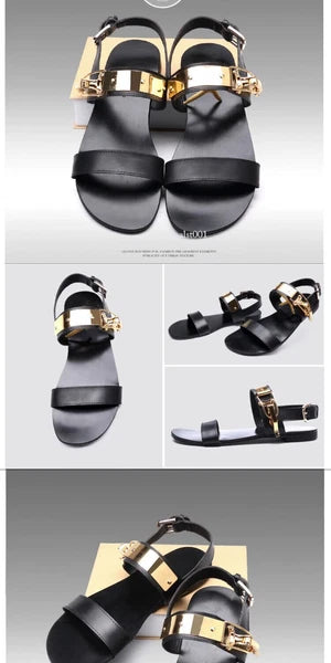 Open Toe Sandals Slingback Metal Trim Casual Real Leather Mens Shoes Roman Style
