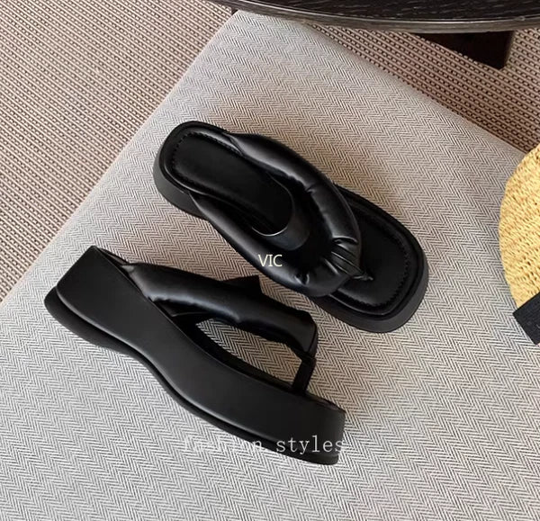 Women's Platform Leather Wedge High Heel Loafer Slipper Shoes Flip-flops Sandals