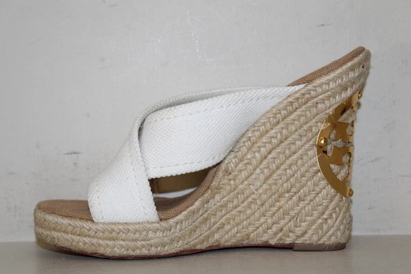 Tory Burch Wedge Kristen Sandal Wedge Heel Sz 8 M Gold Signature Logo White