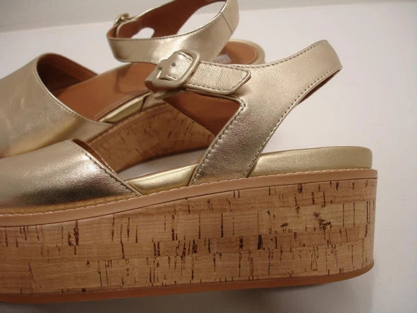 Womens 11 M FitFlop Eloise Platino Metallic Gold Cork-Wrap Leather Wedge Sandals