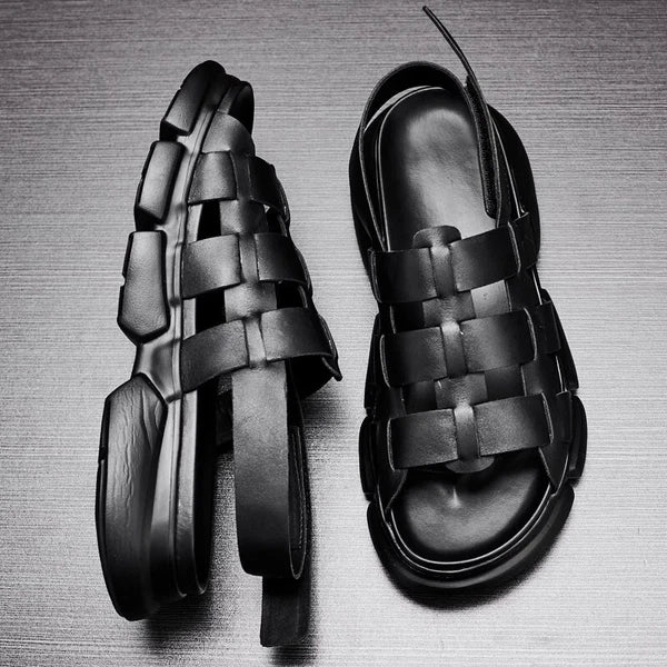 2025 Summer Men's Roman Real Leather Sandals Platform Open Toe Flat Shoes Casual