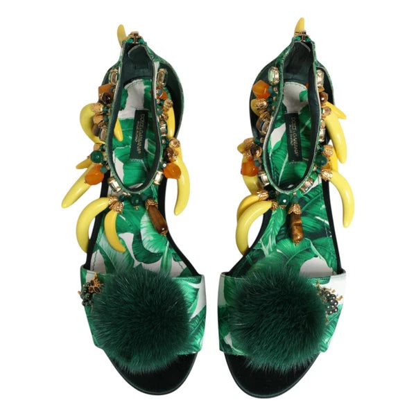 DOLCE & GABBANA Shoes Green Mink Fur Satin Banana Leaf Sandals EU36.5/US6 $1500