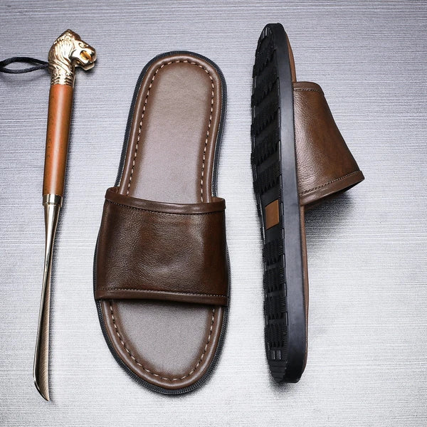 Roman Style Mens Open Toe Sandal Slippers Real Leather Flat Shoes Summer Outdoor