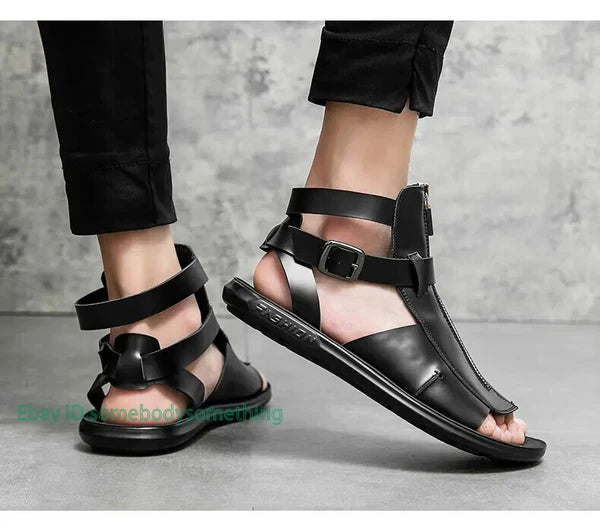 38-45 Mens Slingback Open Toe Buckle Sandals Flats Summer Roman Style PU Leather