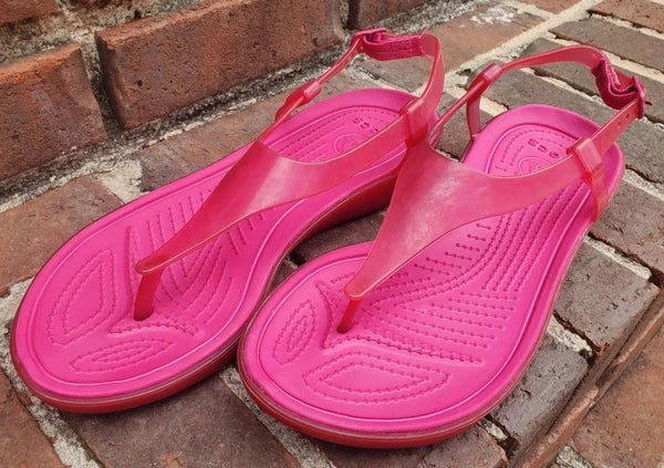 🐊CROCS●Sexi💋Serena●Flip Flop/ Thong/Slingback●Sz.7●Good/Clean Cond●HOT PINK💗