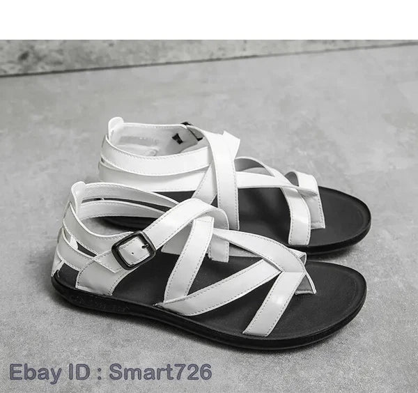 38-45 Mens Flip Flops Buckle Sandals Flat Shoes Summer Roman Style PU Leather
