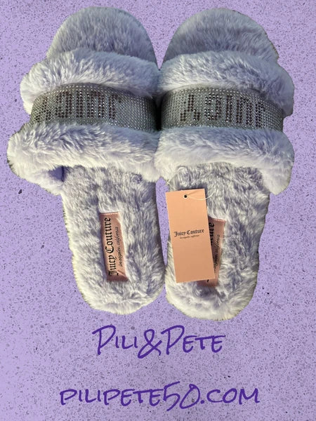 Juicy Couture Black/Silver Slide Slipper Sandals Faux Fur Size XL ( 9.5 - 10.5 )