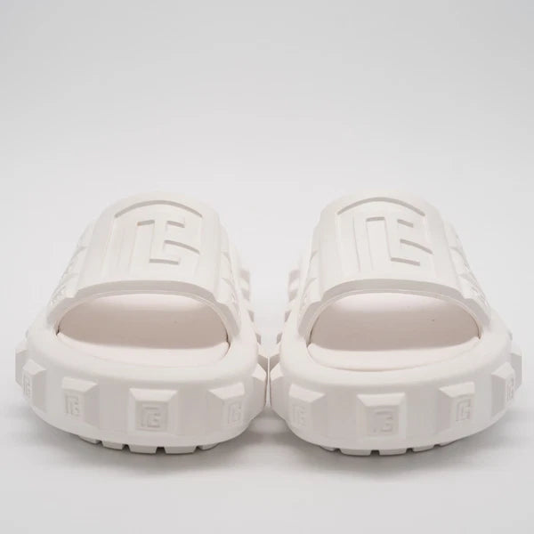 size 38-39 Balmain White Ari Women Rubber Slip On Slides Sandal Embossed Logo