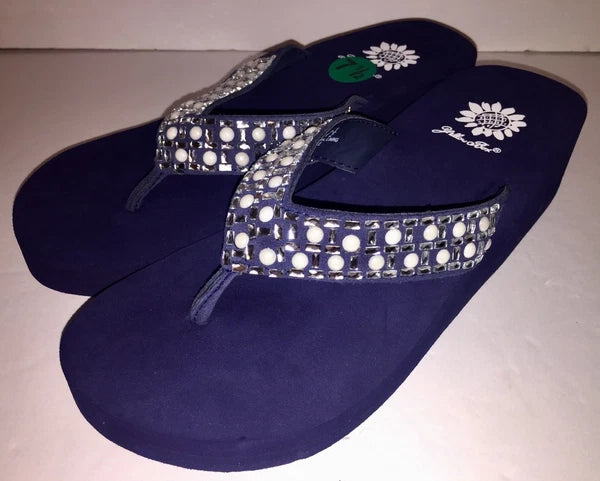 Yellow Box Flip Flops Sandals Women's Touch Wedge Pearl Jeweled Blue Black NWT