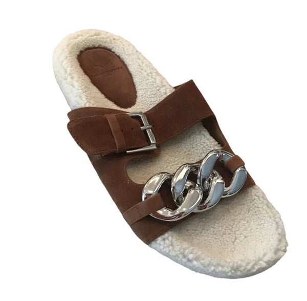 Marc Fisher Fresno Leather Upper Faux Fur/Leather Sock Lining Slide Sandal 9.5M
