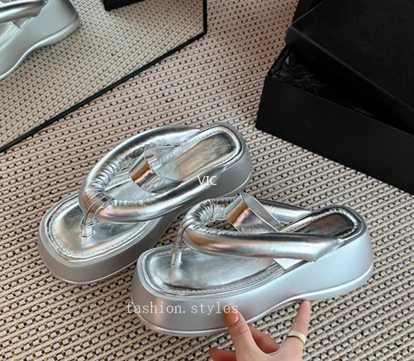 Women's Platform Leather Wedge High Heel Loafer Slipper Shoes Flip-flops Sandals