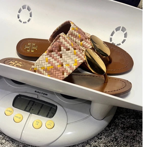 Tory Burch Woven Braided Leather Thong Sandals Gold Medallion Slides Boho Resort