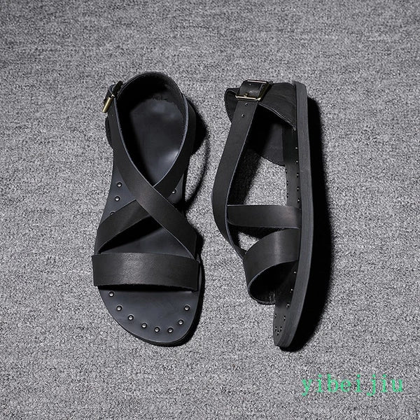 Fashion Men's Real Leather Summer Beach Roman Sandals Studded Shoes Flat Vintage