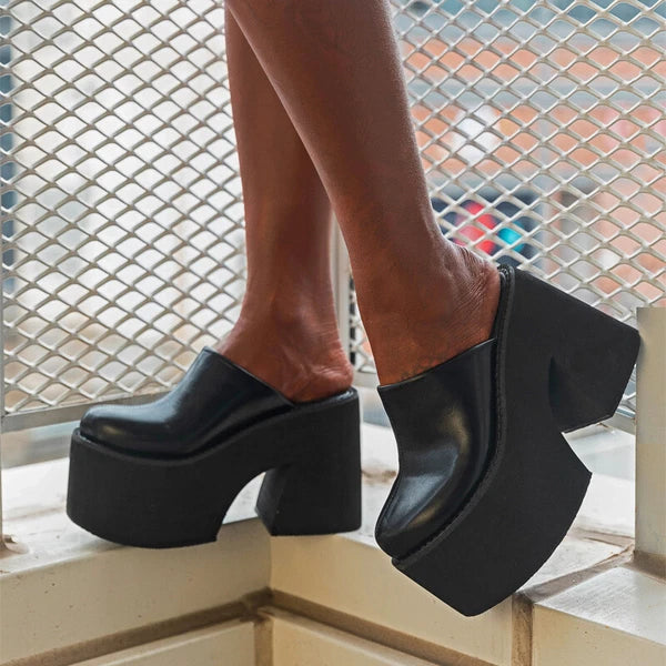 Women's High Platform High Block Heel  Slippers Slides Round Toe Sandals Shoes