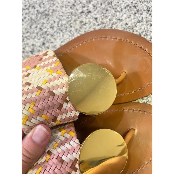 Tory Burch Woven Braided Leather Thong Sandals Gold Medallion Slides Boho Resort