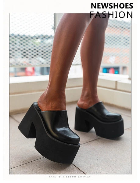 Women's High Platform High Block Heel  Slippers Slides Round Toe Sandals Shoes